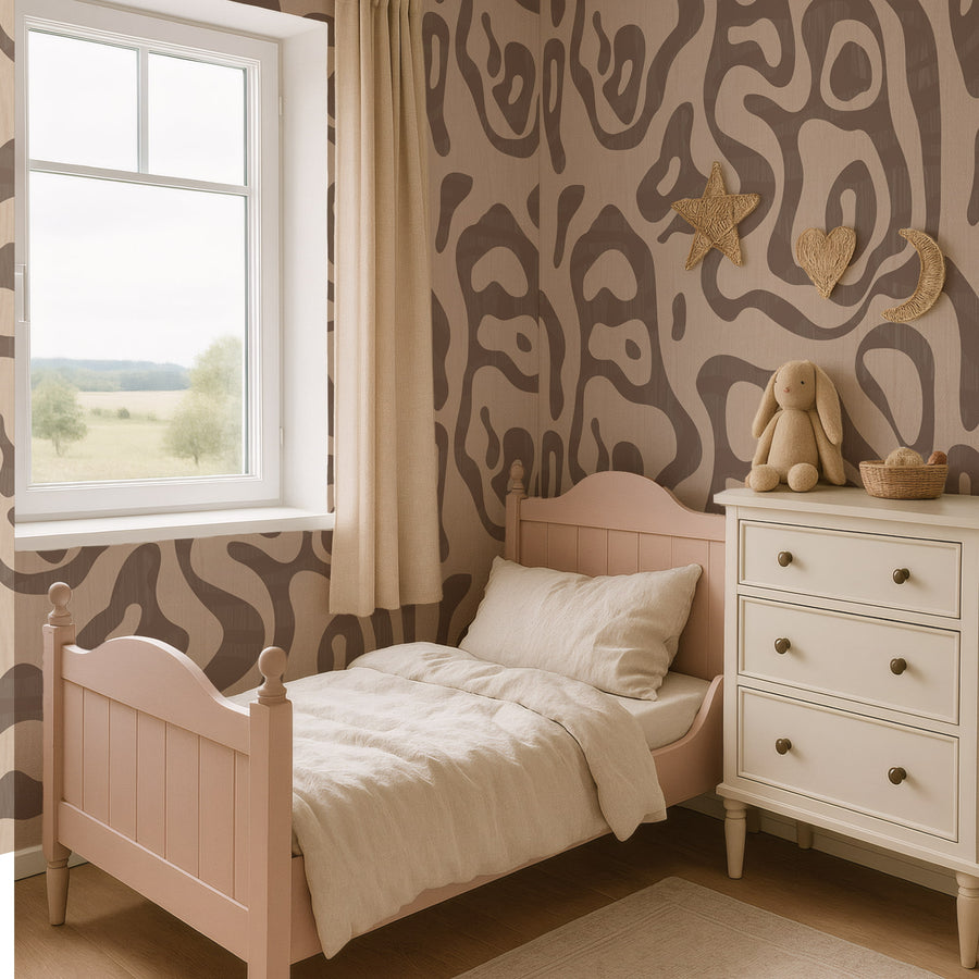 Kids Bedroom interior with Abstract Topography Wallpaper Brown Cream Organic Contour feature wall