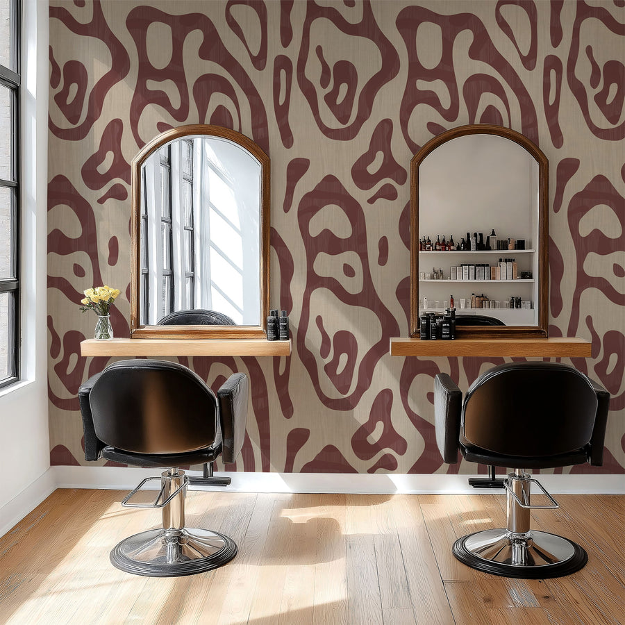 Hair salon with Abstract Topography Wallpaper Burgundy Taupe Organic Contour by Petra Kohlmayr