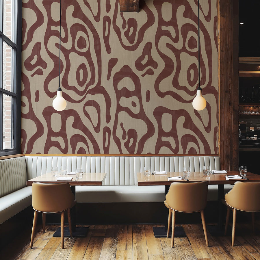 Cafe interior with Abstract Topography Wallpaper Burgundy Taupe Organic Contour accent wall
