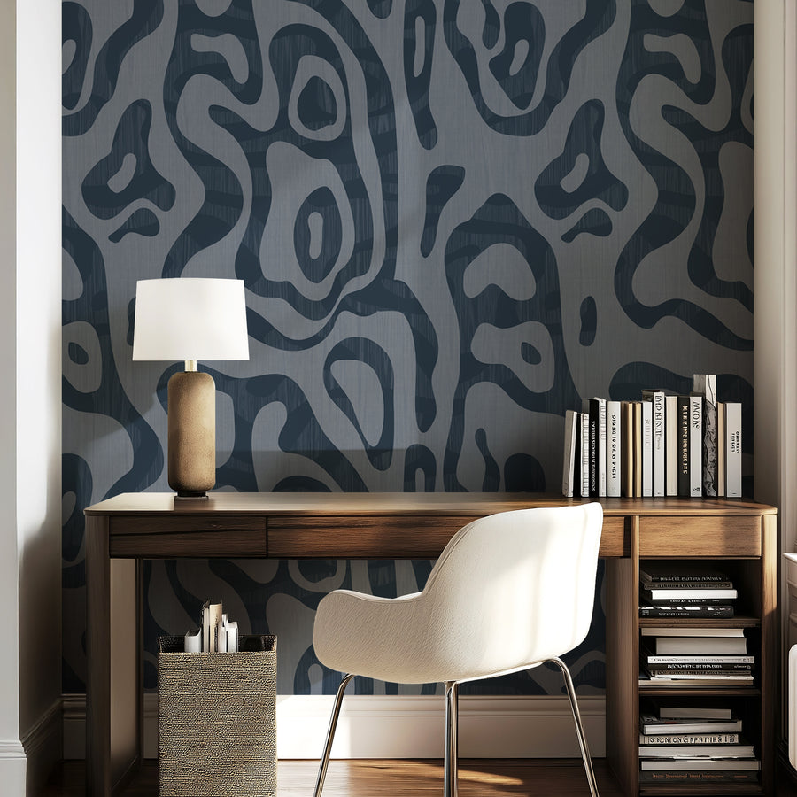 Close-up detail of Abstract Topography Wallpaper Charcoal Slate Grey showing tonal organic contour brushstrokes