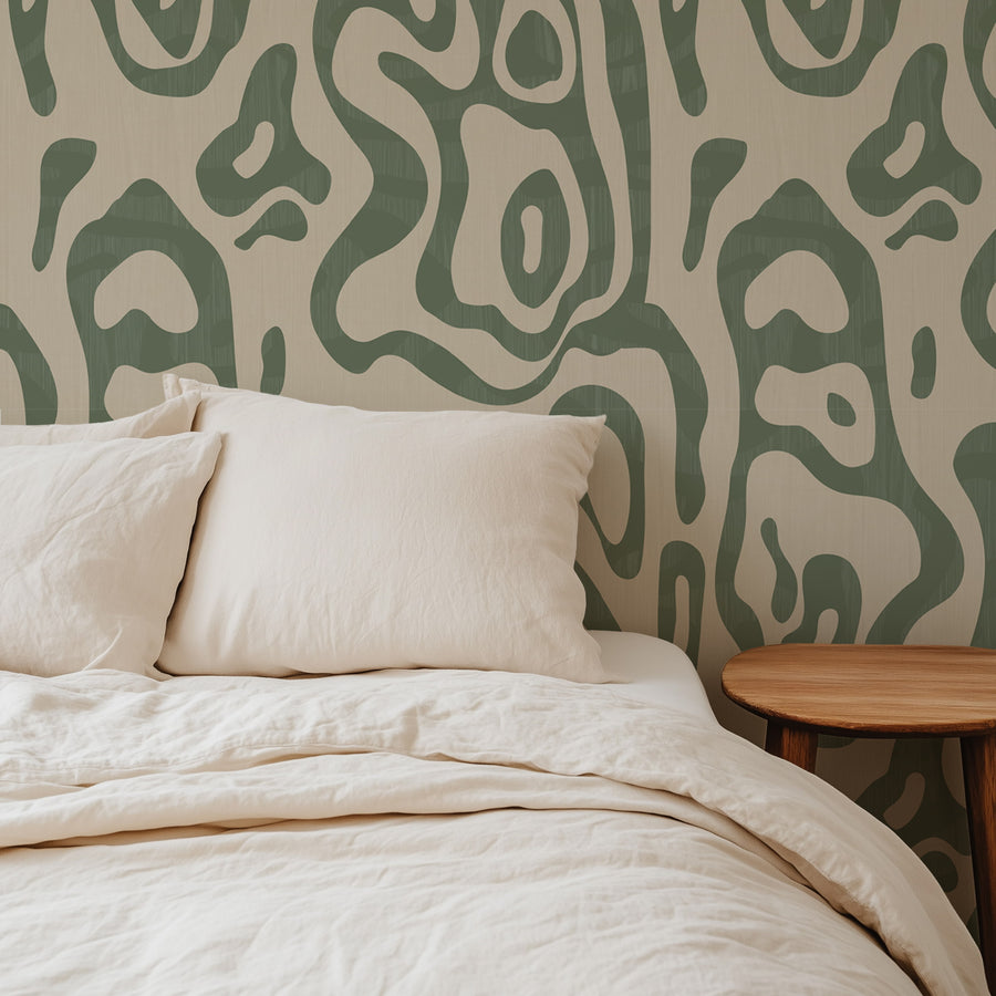 Modern living room with Abstract Topography Wallpaper Green Cream Organic Contour by Petra Kohlmayr