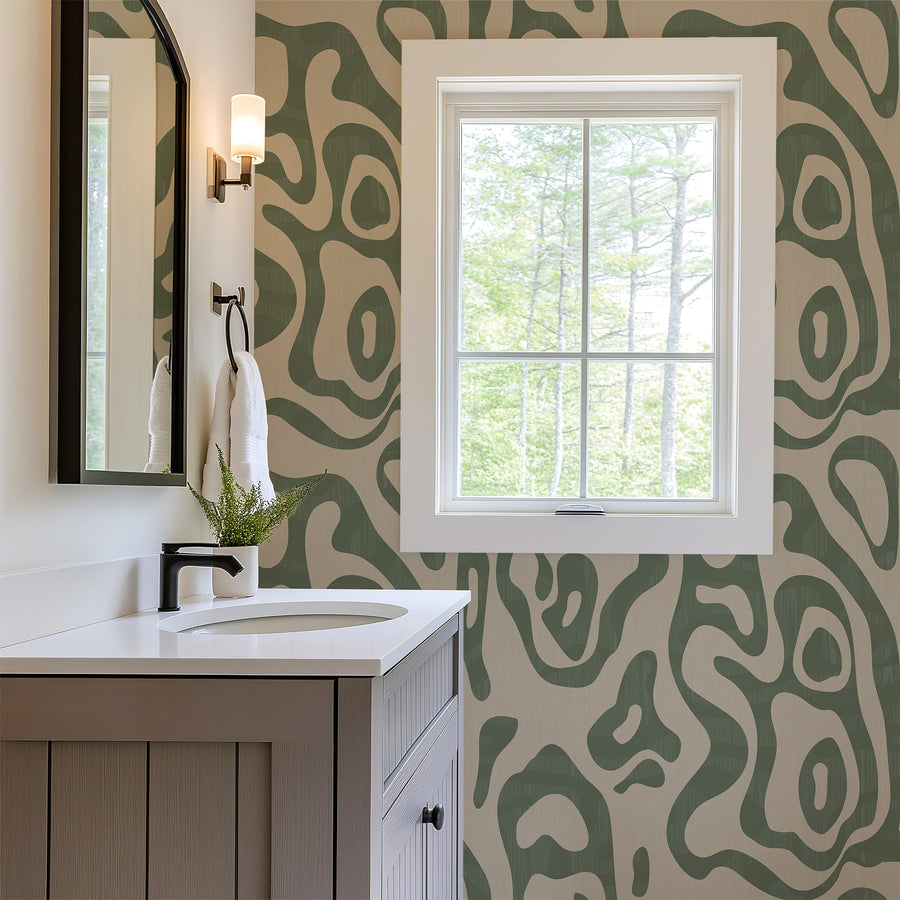 Bedroom interior with Abstract Topography Wallpaper Green Cream Organic Contour feature wall