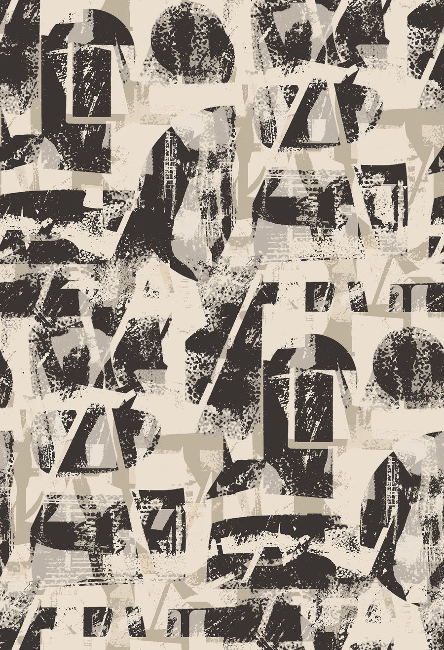Abstract Typography Wallpaper Black Cream repeating pattern swatch 24W x 35H