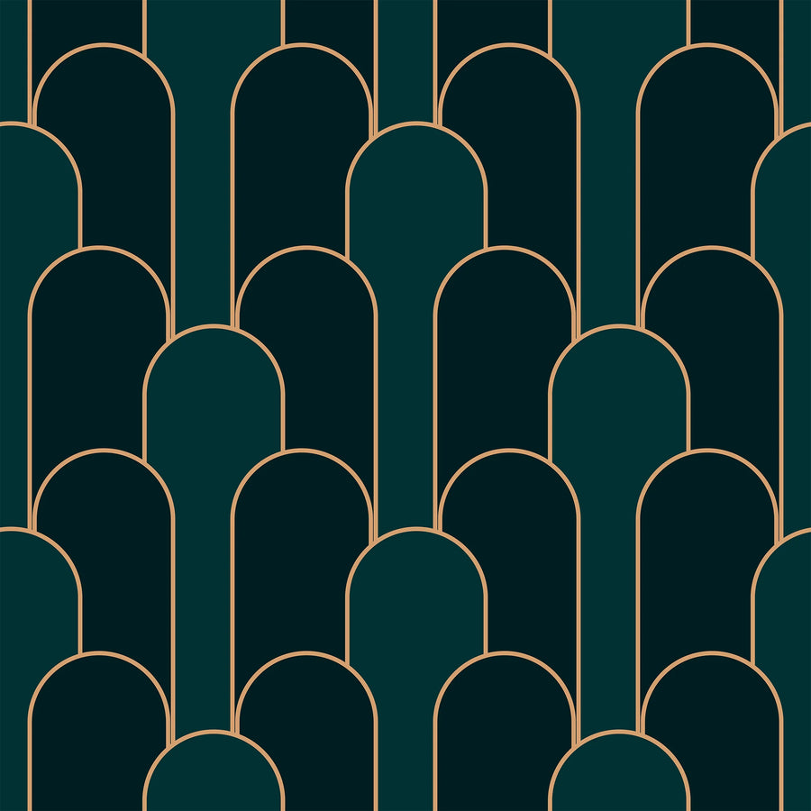 Emerald green and gold Art Deco arch wallpaper pattern swatch with gold outlined overlapping arches