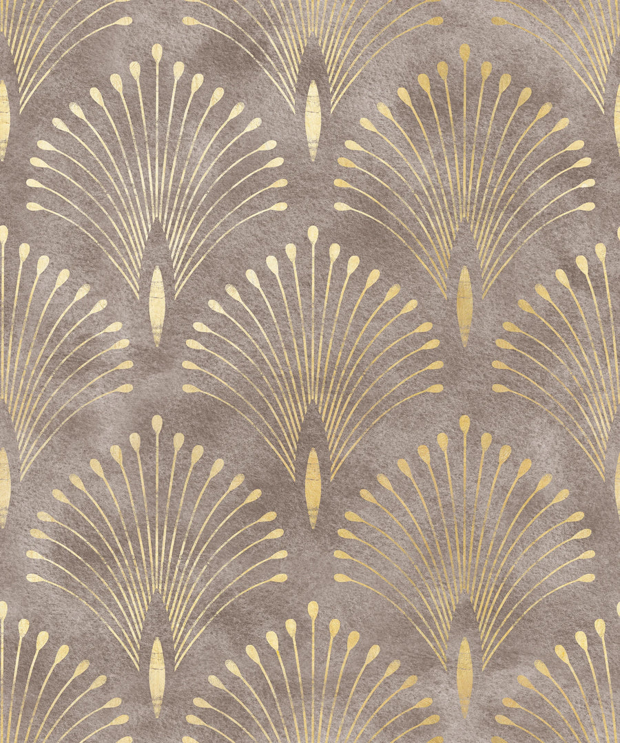 Brown and gold Art Deco fan wallpaper pattern swatch with gold linework on a taupe watercolor ground