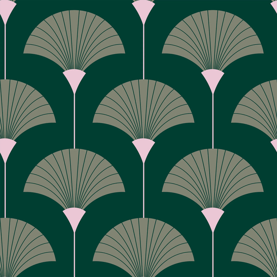 Forest and sage green Art Deco fan wallpaper pattern swatch with folding fans and blush pink stems
