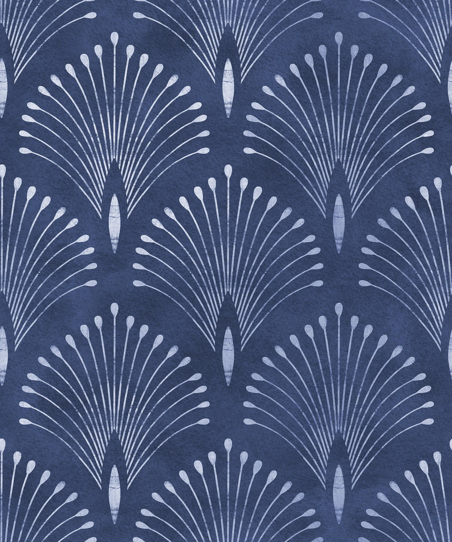Navy blue Art Deco fan wallpaper pattern swatch with white plumes on a mottled watercolor ground