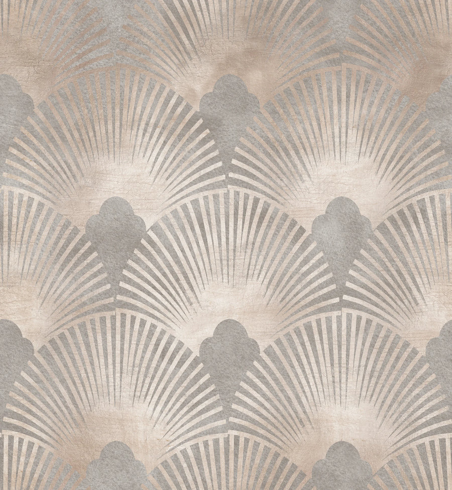 Beige and gray Art Deco scallop wallpaper pattern swatch with fan shells on a textured plaster ground