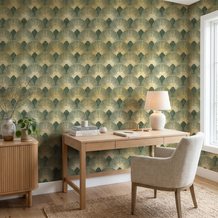 Green and gold Art Deco scallop wallpaper in a home office behind a wood desk and upholstered chair