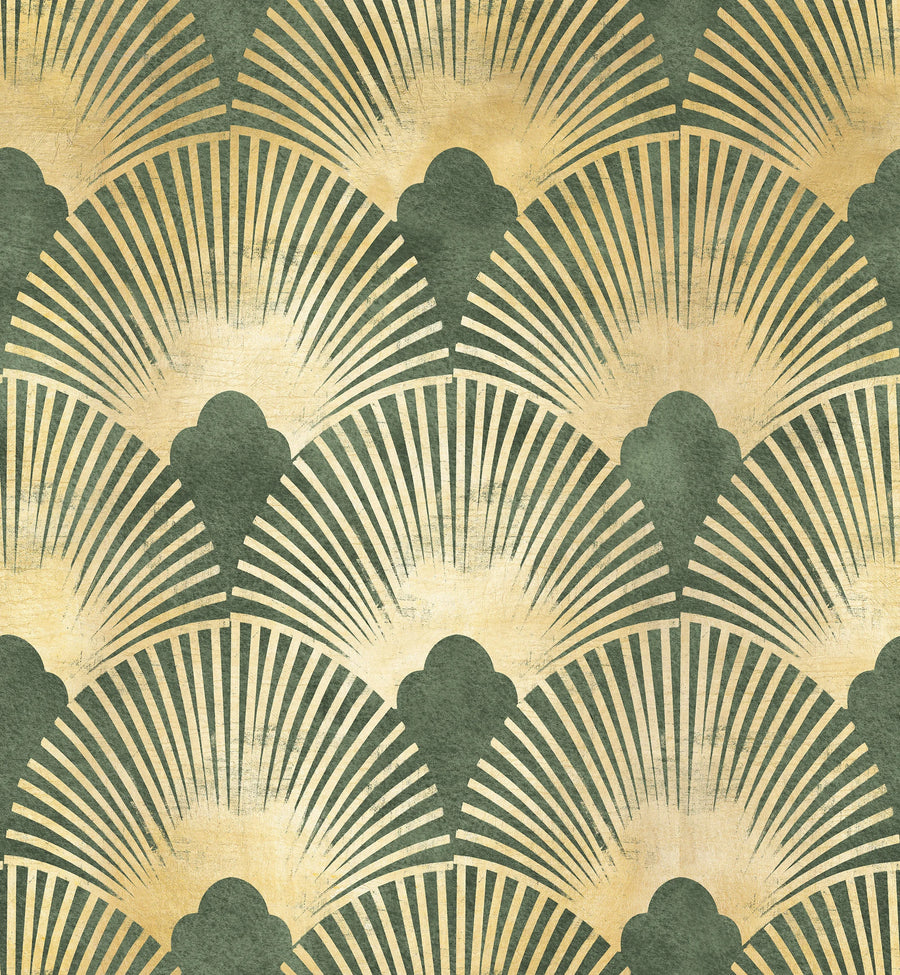 Green and gold Art Deco scallop wallpaper pattern swatch with shell fans on a crackled gold ground