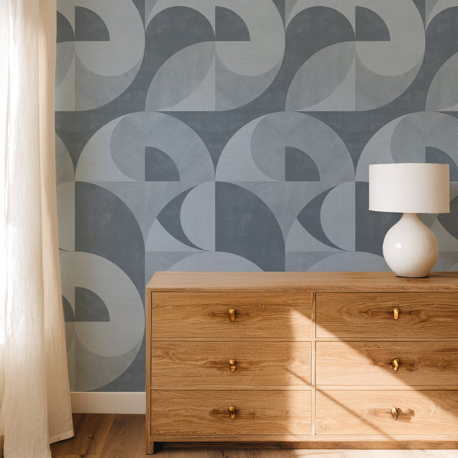 Bedroom with Bauhaus Geometric Circles Wallpaper Dusty Blue Grey