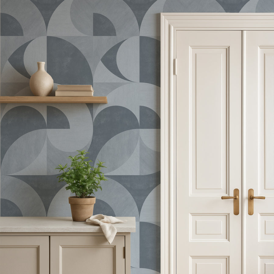 Room interior with Bauhaus Geometric Circles Wallpaper Dusty Blue Grey by Petra Kohlmayr
