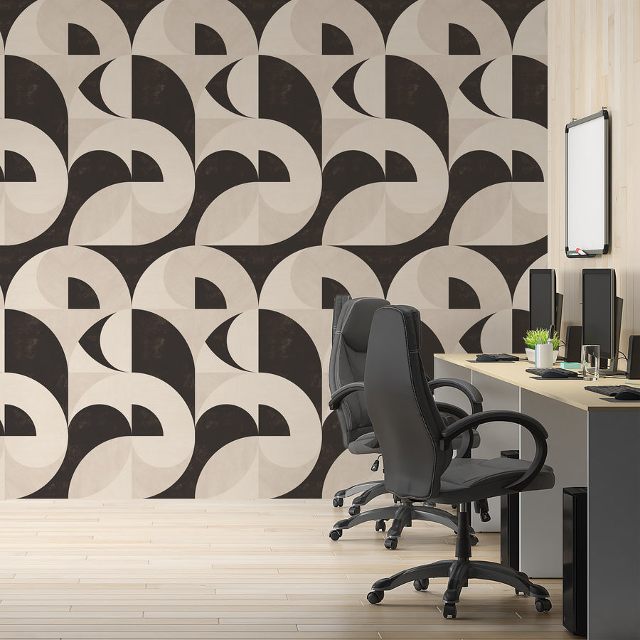 Office space with dark desk chairs featuring Bauhaus Geometric Shapes Wallpaper Espresso Cream accent wall