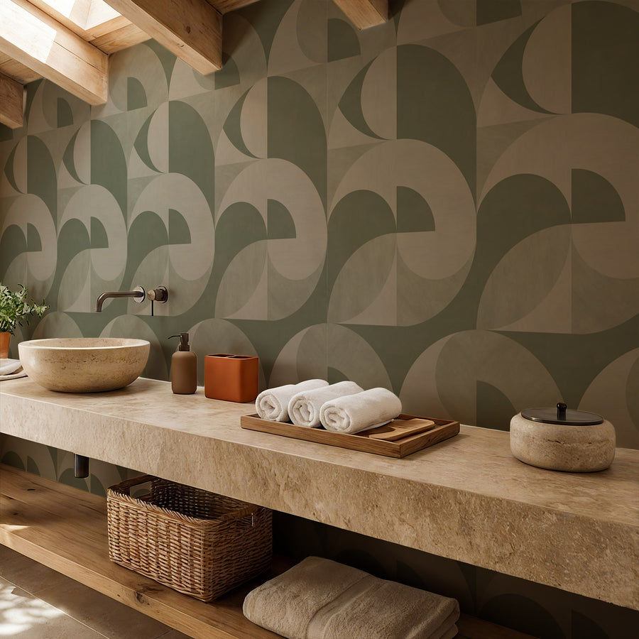 Entryway with white sculptural vase and wooden stool featuring Bauhaus Geometric Shapes Wallpaper Sage Green Cream