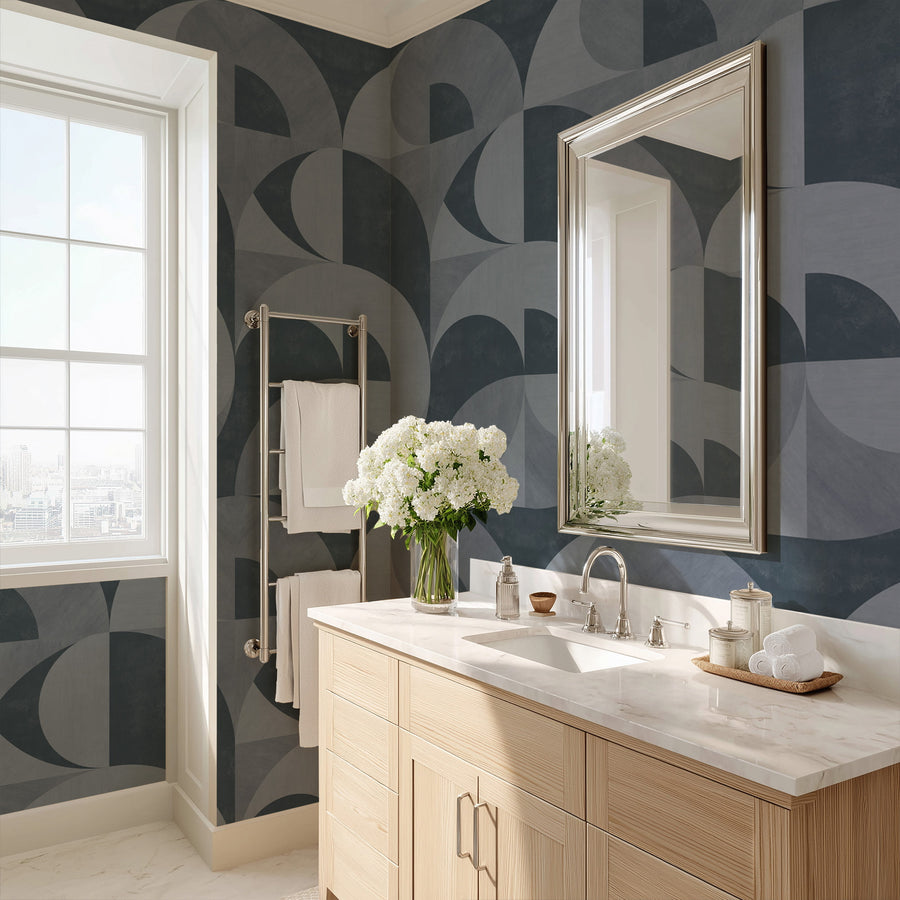 Bathroom with vanity framed mirror and window featuring Bauhaus Mid-Century Arch Wallpaper Slate Blue Grey