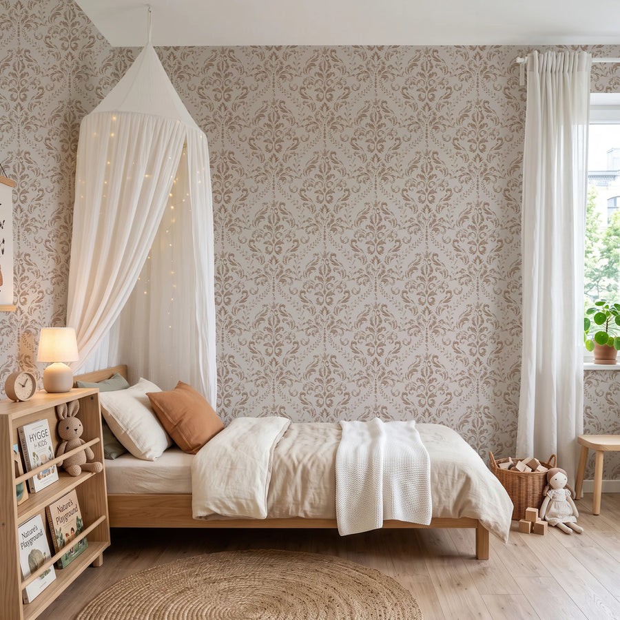 Beige distressed damask wallpaper in a bedroom with a canopy bed