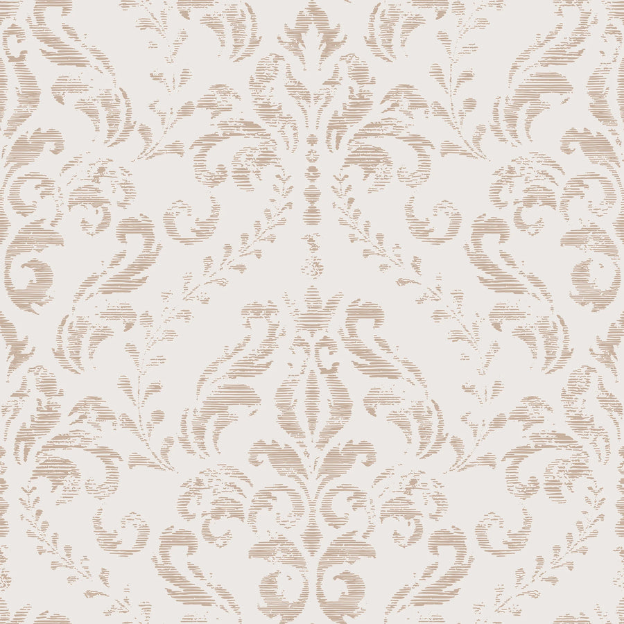 Beige distressed damask wallpaper pattern in soft taupe on cream with faded brush-stroke texture