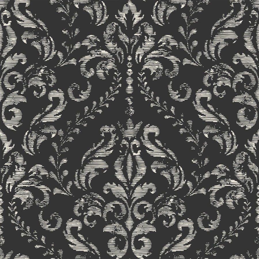 Black distressed damask wallpaper pattern in cream on charcoal with faded brush-stroke texture