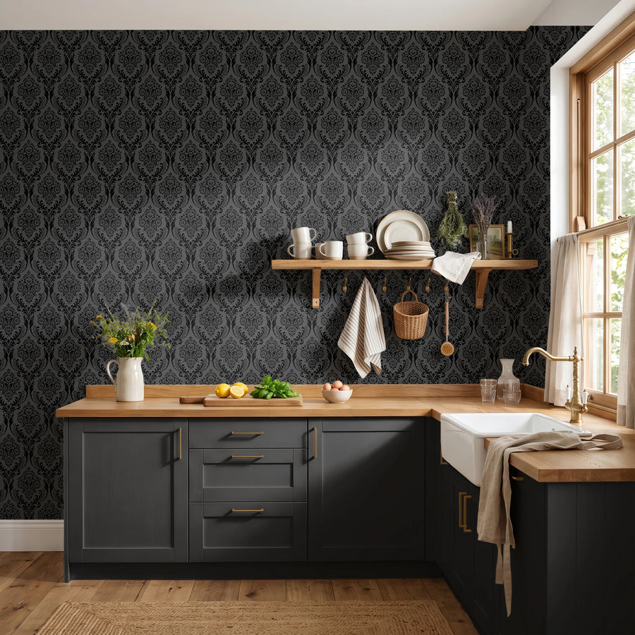 Black damask wallpaper in a kitchen with open wood shelves
