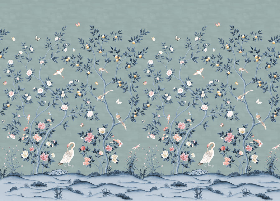 Blue chinoiserie crane wallpaper mural with navy foliage, peonies, songbirds and butterflies