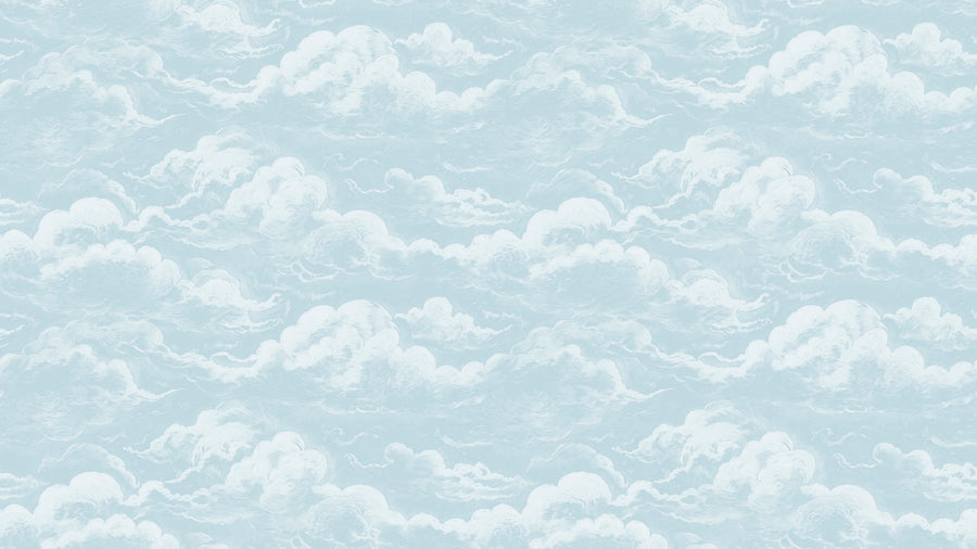 Blue sky and clouds wall mural pattern with soft watercolor white clouds on pale blue