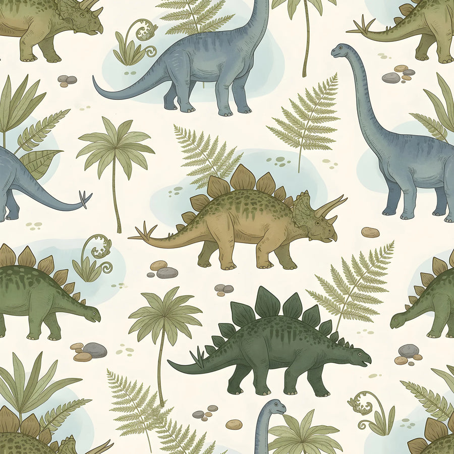 Botanical dinosaur wallpaper pattern with brachiosaurs, stegosaurs, ferns, fiddleheads and palms in sage and dusty blue on cream