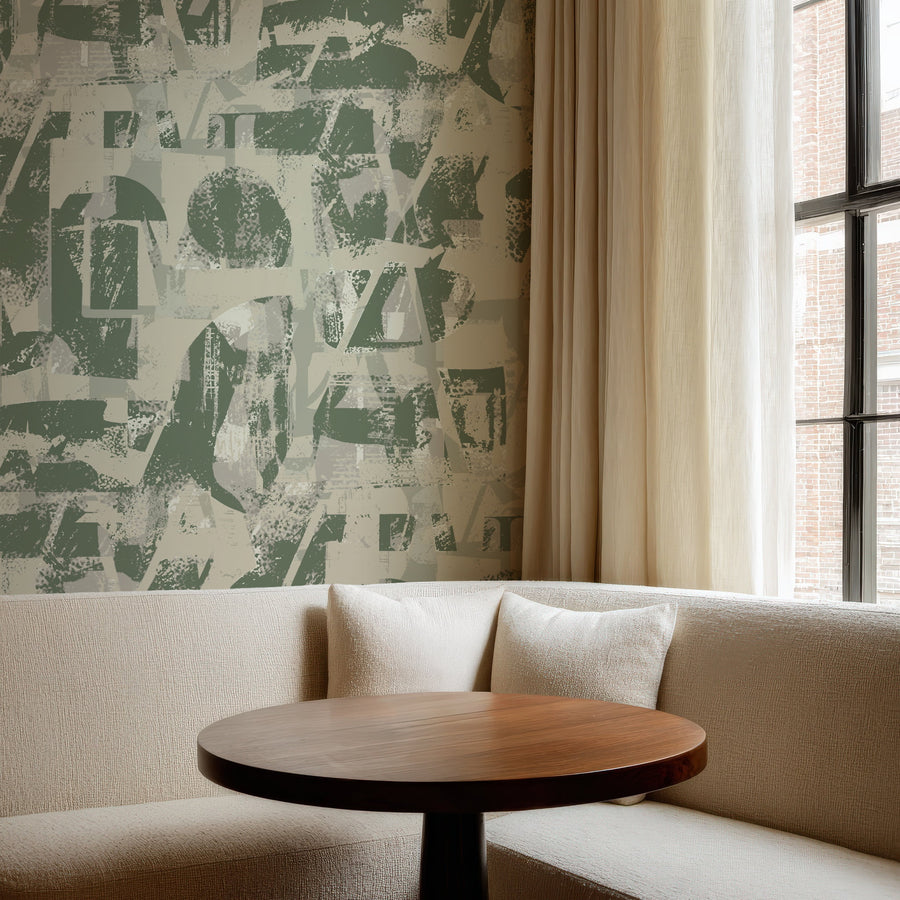 Close-up detail of Brutalist Collage Typography Wallpaper showing deconstructed letters in olive green and khaki