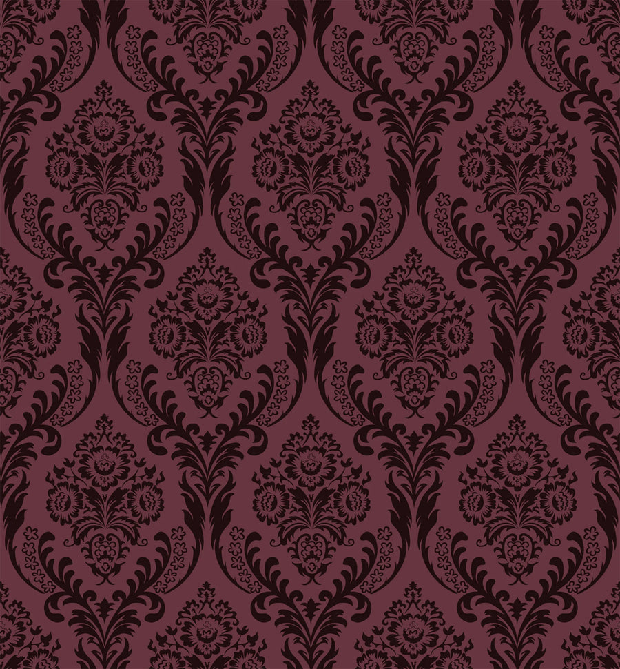 Burgundy damask wallpaper pattern with ornate scrollwork and floral medallions in wine and black