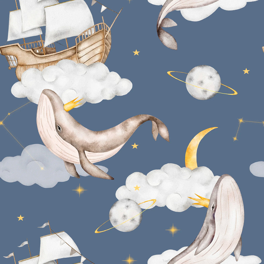 Navy celestial whale wallpaper pattern with crowned watercolor whales, clouds, a sailing ship, ringed planets and a gold moon