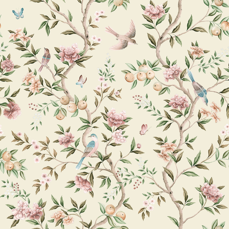 Chinoiserie Floral Garden Bird Wallpaper Blush Cream repeating pattern swatch 48W x 48H