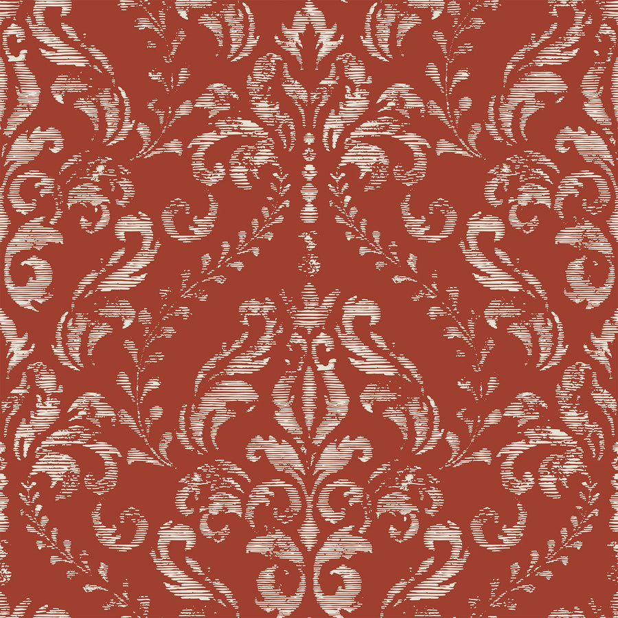 Classic red damask wallpaper pattern in cream on terracotta with faded brush-stroke texture