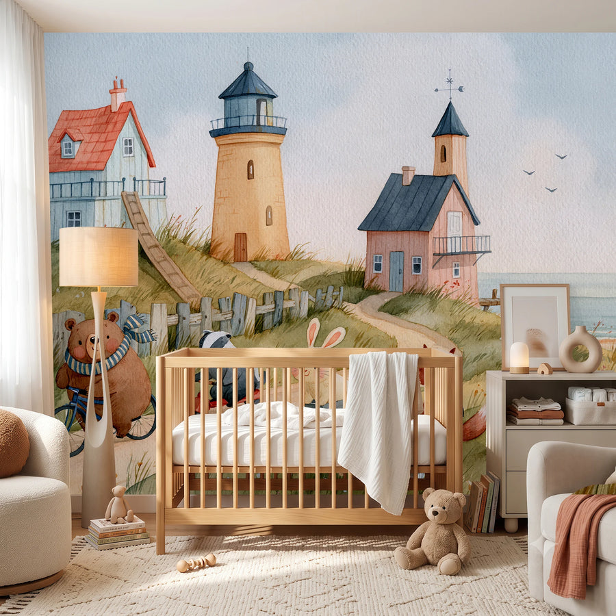 Coastal lighthouse animals mural behind a wooden crib and armchair in a nursery