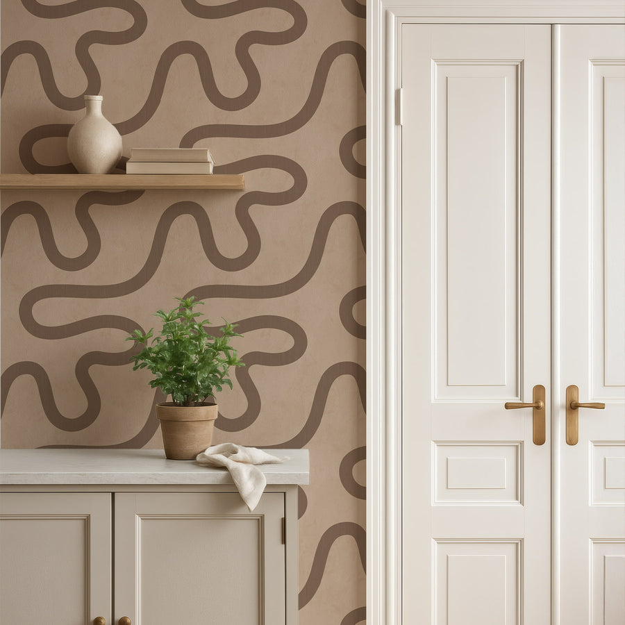 Modern interior with Contemporary Meander Line Wallpaper Taupe Sand by Petra Kohlmayr