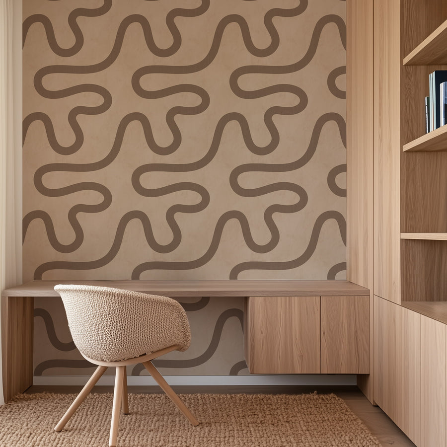 Stylish interior with Contemporary Meander Line Wallpaper Taupe Sand accent wall