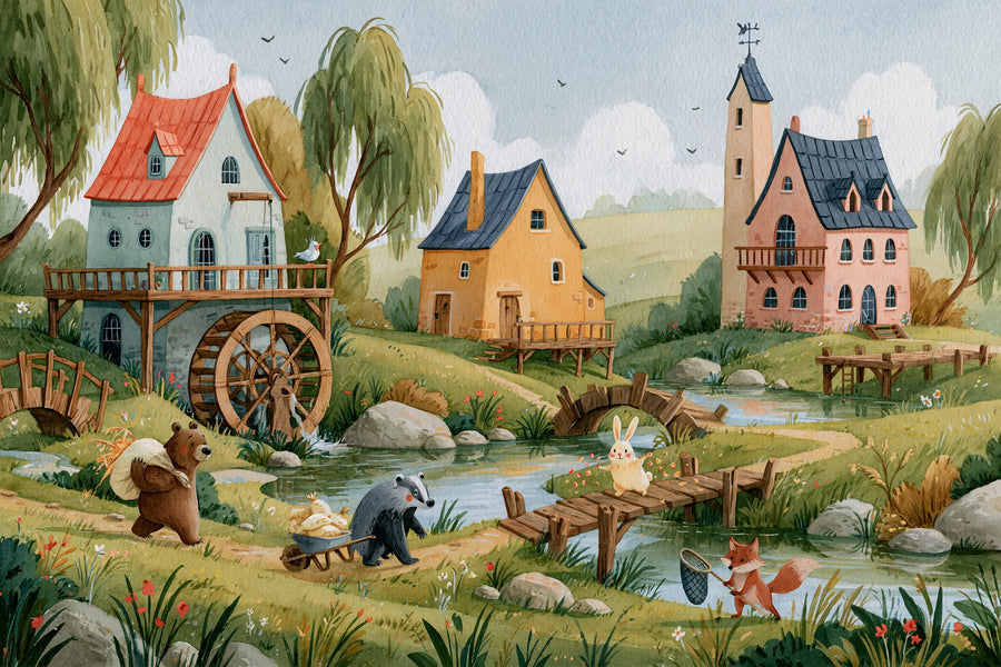 Full watercolor countryside mural with a riverside watermill, mustard and pink cottages, wooden bridges, and a bear, badger, bunny and fox