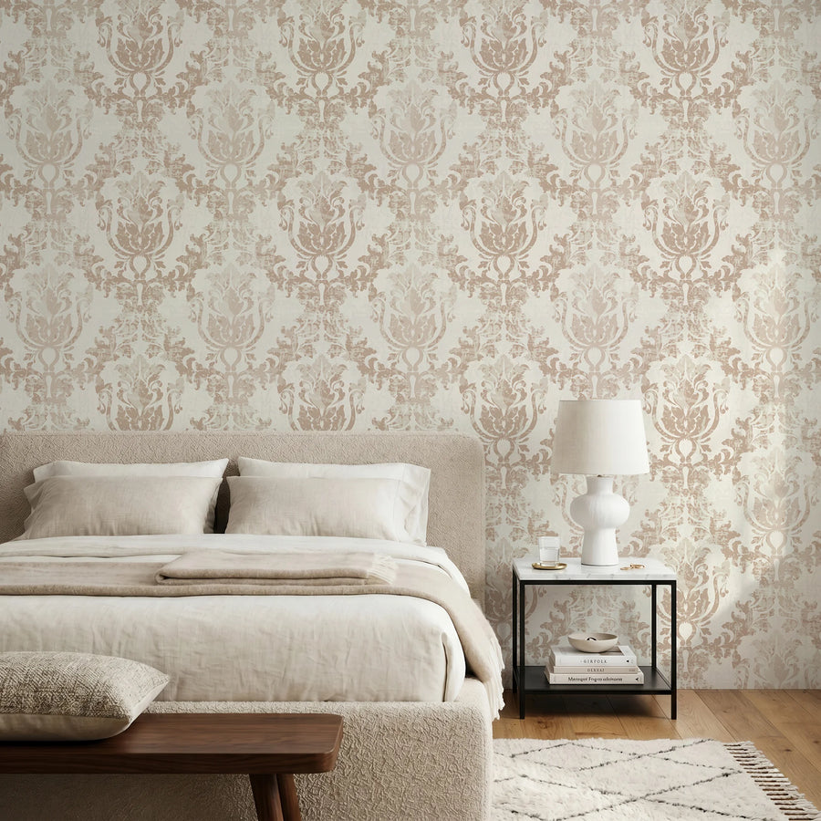 Cream beige and brown rococo damask wallpaper in a bedroom with linen bedding