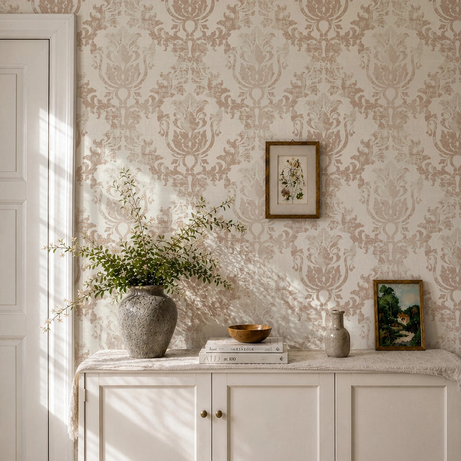 Cream beige and brown rococo damask wallpaper in a hallway behind a console