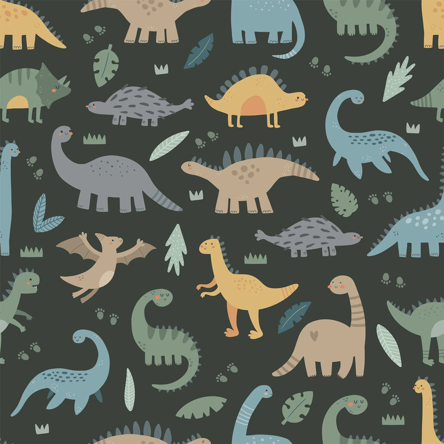 Dark green dinosaur wallpaper pattern swatch with cute sage, blue, mustard and taupe dinosaurs, leaves and footprints