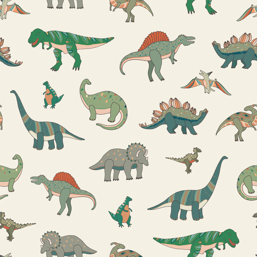 Green and cream cartoon dinosaur wallpaper pattern with a T-Rex, spinosaurus, stegosaurus, brachiosaurus, triceratops and pteranodon