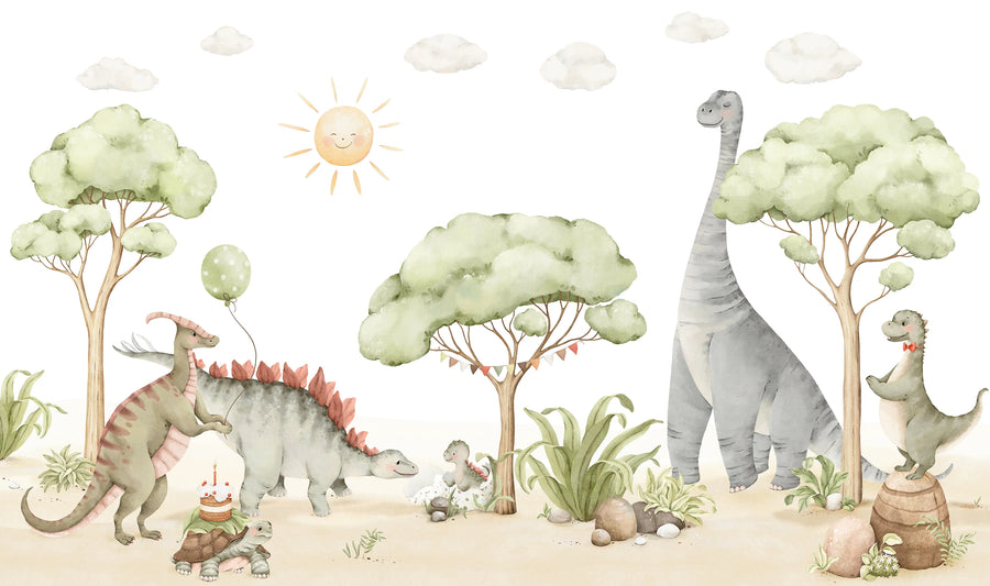 Full watercolor dinosaur mural with a brachiosaurus, stegosaurus, parasaurolophus with a balloon, a hatching baby dinosaur and a turtle carrying a cake