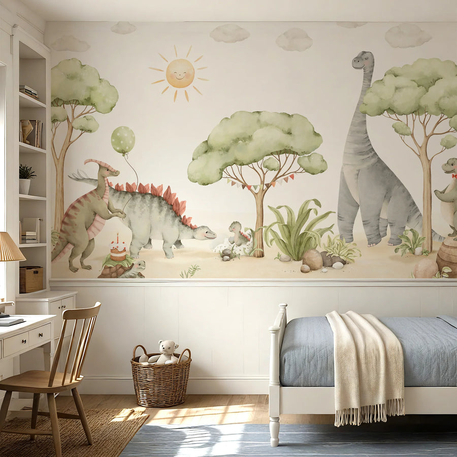 Watercolor dinosaur wall mural in a kids bedroom with a bed and wooden desk