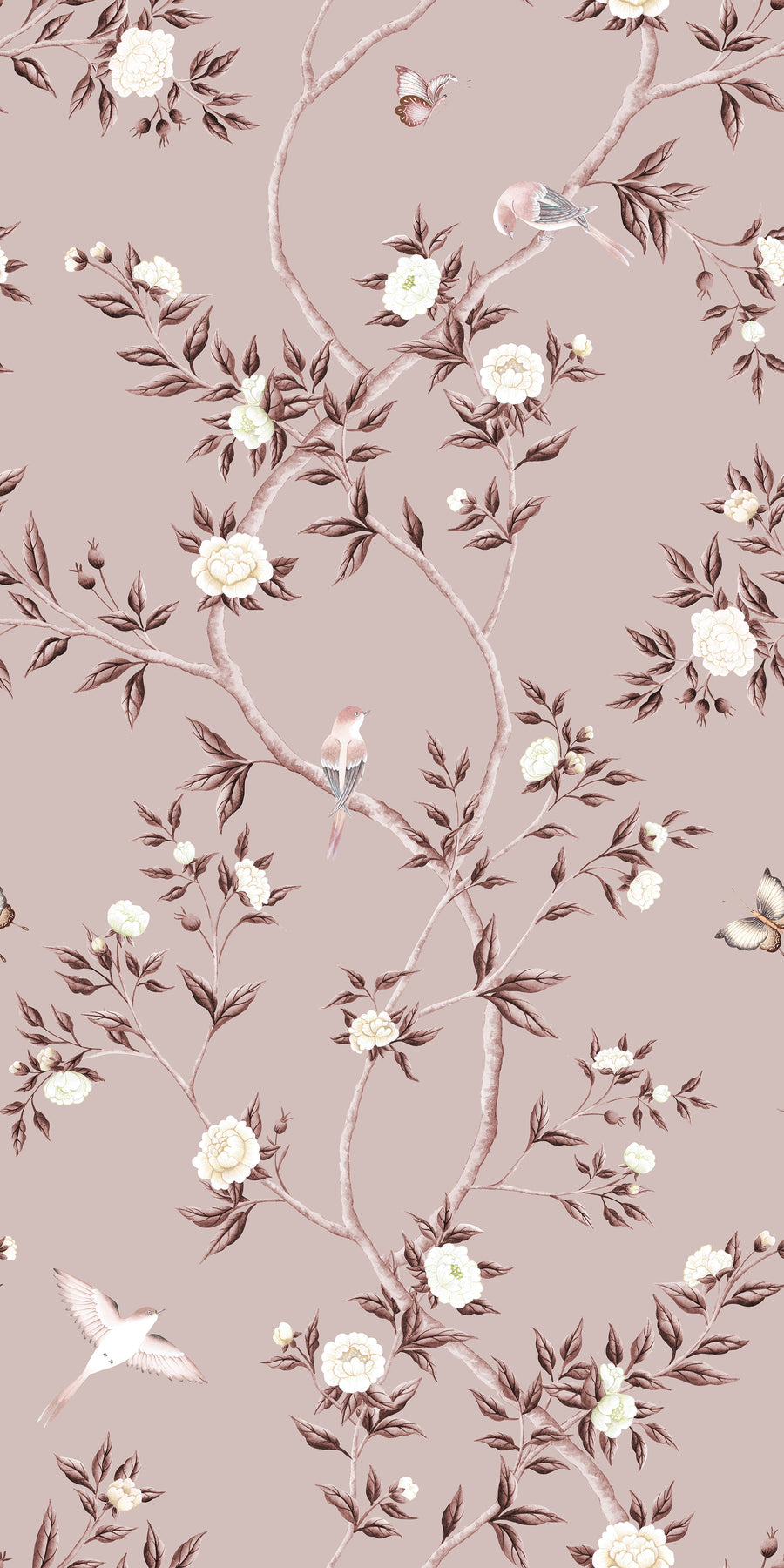 Dusty Rose Chinoiserie Hemma Wallpaper Floral Garden Birds repeating pattern swatch 24W x 48H