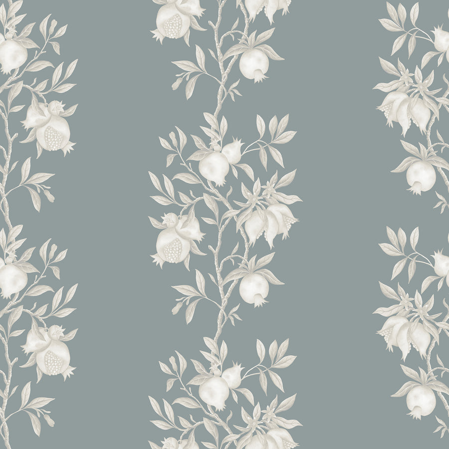 Elodie Chinoiserie Pomegranate Wallpaper Muted Blue repeating pattern swatch 24W x 24H