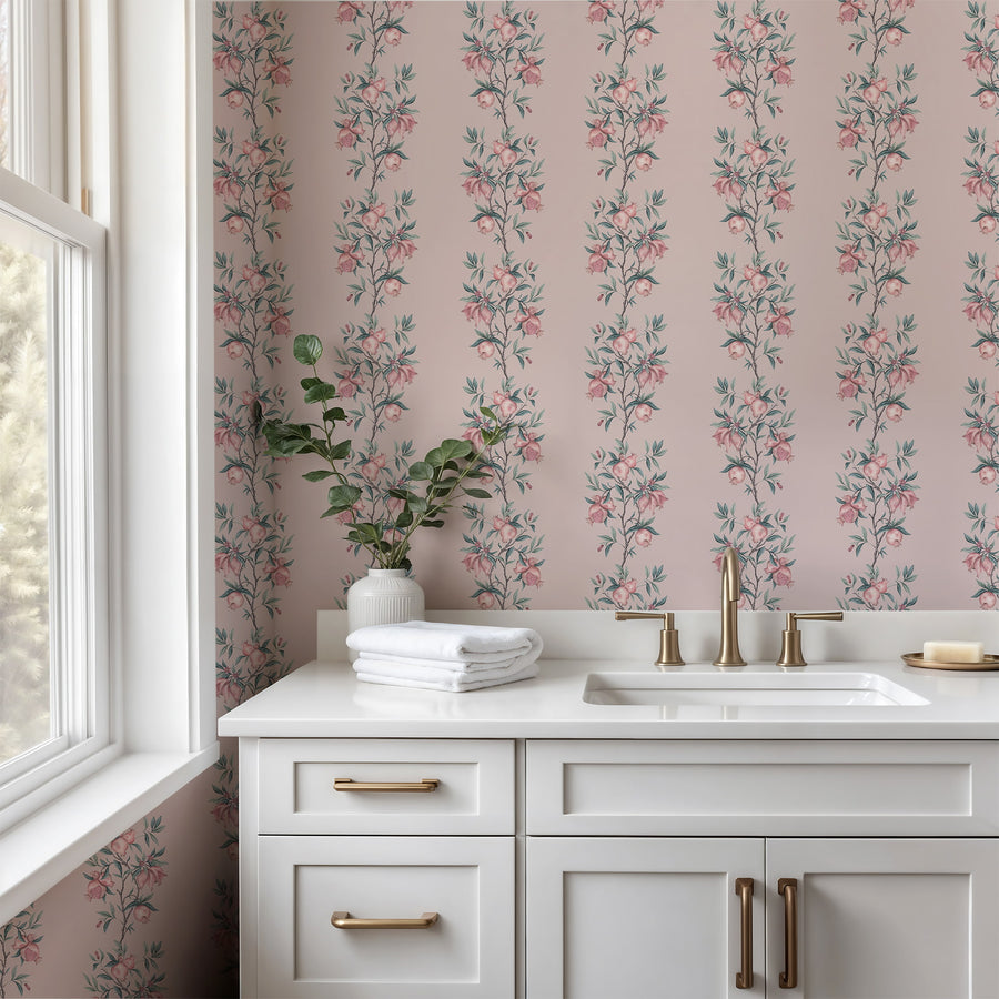 Bathroom with vanity sink and window featuring Elodie Pomegranate Chinoiserie Wallpaper Pink Sage accent wall