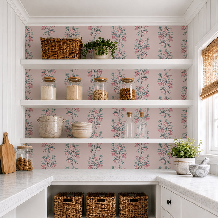 Pantry with open shelving baskets and jars featuring Elodie Pomegranate Chinoiserie Wallpaper Pink Sage accent wall
