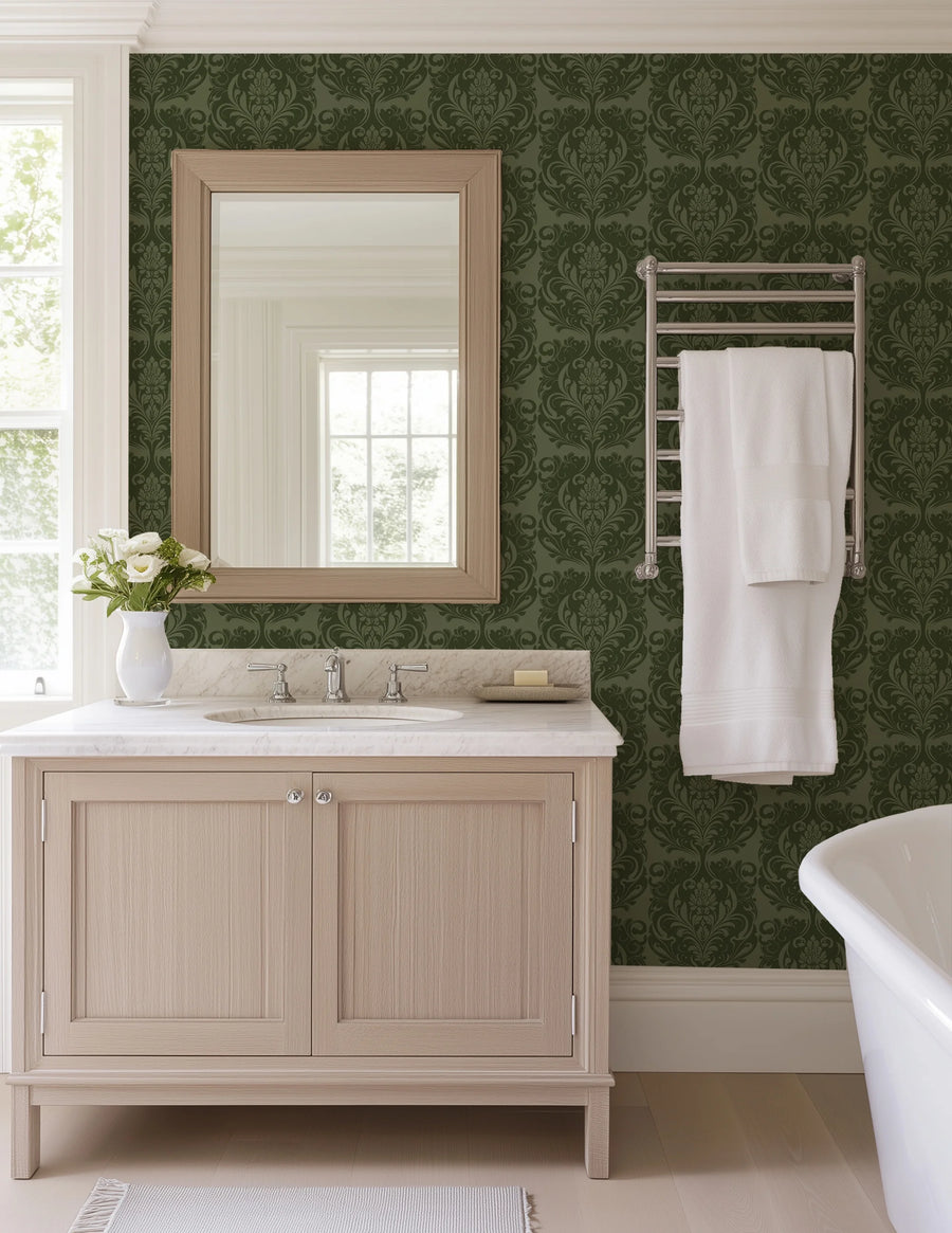 Green farmhouse damask wallpaper in a bathroom with a wood vanity
