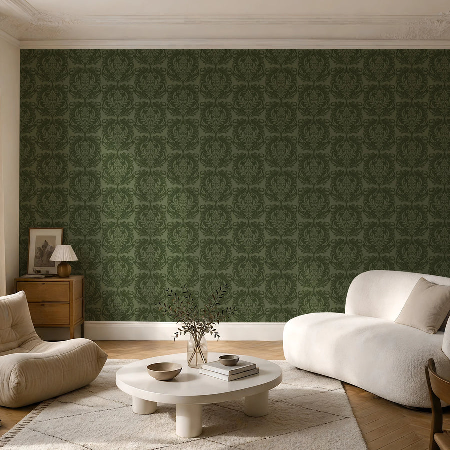 Green farmhouse damask wallpaper in a moody bedroom