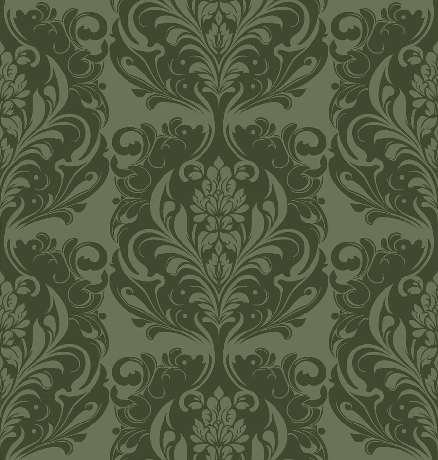 Green farmhouse damask wallpaper pattern in forest green on sage