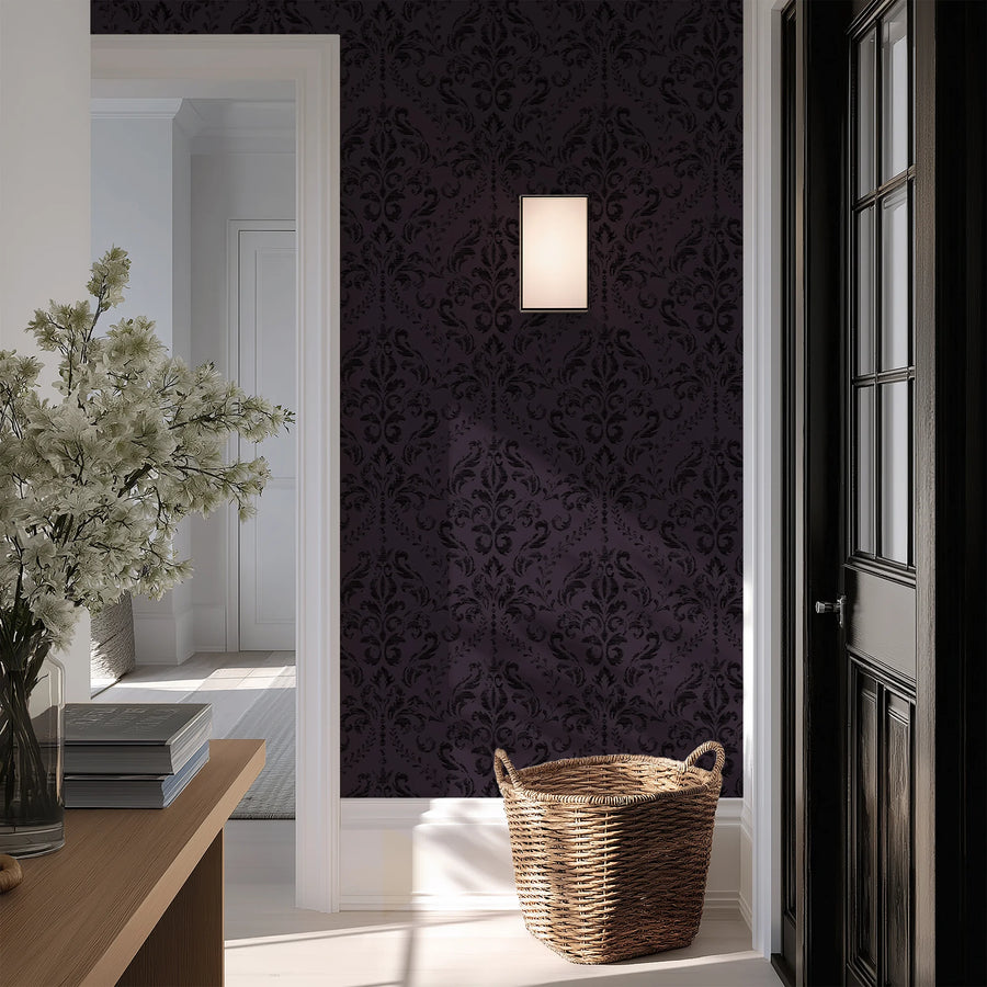 Gothic purple damask wallpaper in a hallway entryway