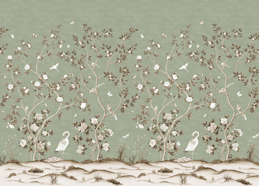 Green Chinoiserie Wallpaper Mural Birds Cranes full scenic garden design with cranes peonies and songbirds on sage green